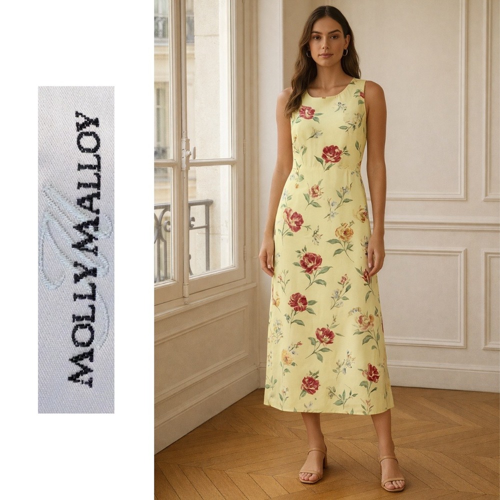Molly Malloy, Vintage Petite Floral Midi Dress Yellow Red Floral Sleeveless